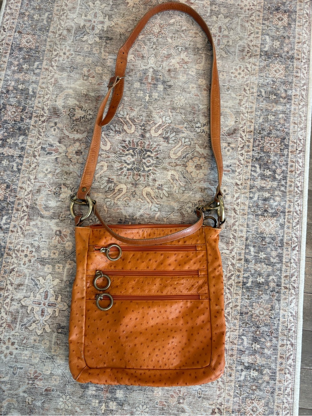 Maurizio Taiuti Italian Leather Crossbody Bag Orange Ostrich Embossed Multi Zip